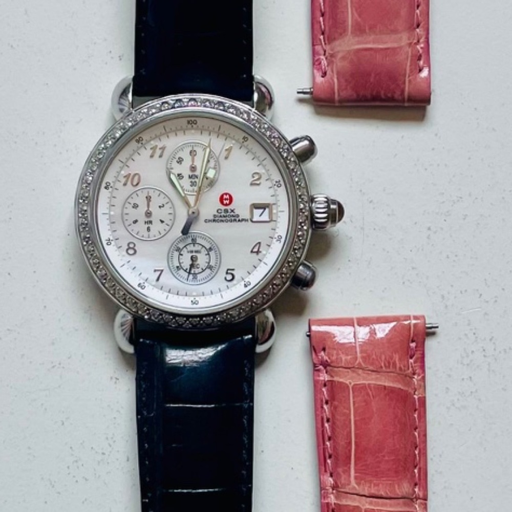 MICHELE Vintage Diamond CSX Chronograph Watch w/Black and Pink Bands